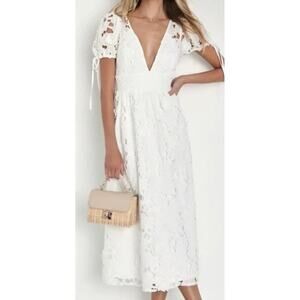 Lulu's Flourishing Blossoms 3D Floral Lace Backless Midi Dress Puff Sleeves XL